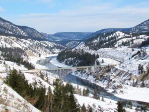 Highway 20 crossing the Frazer River at the bottom of Sheep Creek Hill near Williams Lake